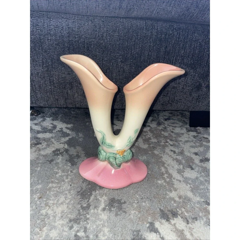 Vintage Hull Pottery W15 Double Vase Woodland Pink Floral 1940s Cottagecore